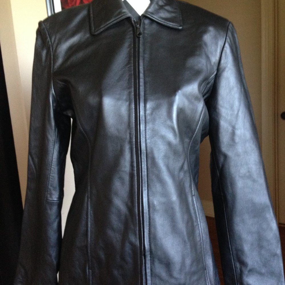 Women's Black Leather Zip-Front Jacket
